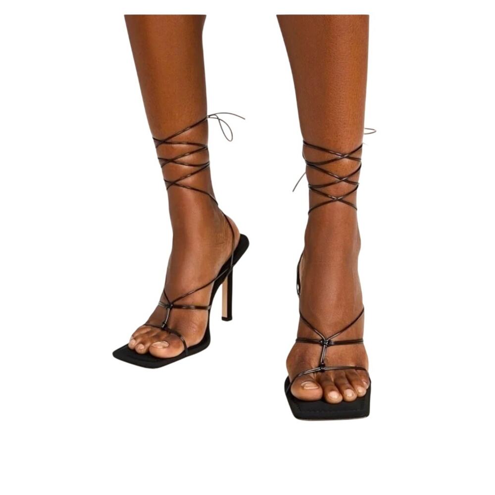 Good American NWOT Lace Up Ankle Black Gold Square Toe Sandals